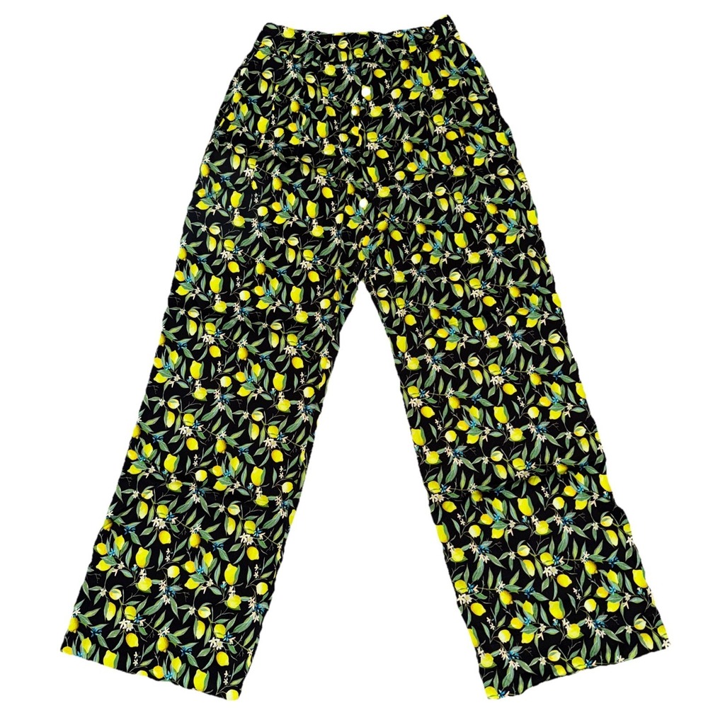 Wildfang Empower Wide Leg Trouser Womens 4 Black Citrus Lemon Print NWT